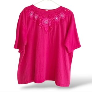 Bobbie Brooks Pink Floral Embroidered Short Sleeve Tee Vintage Shoulder Pads 3x